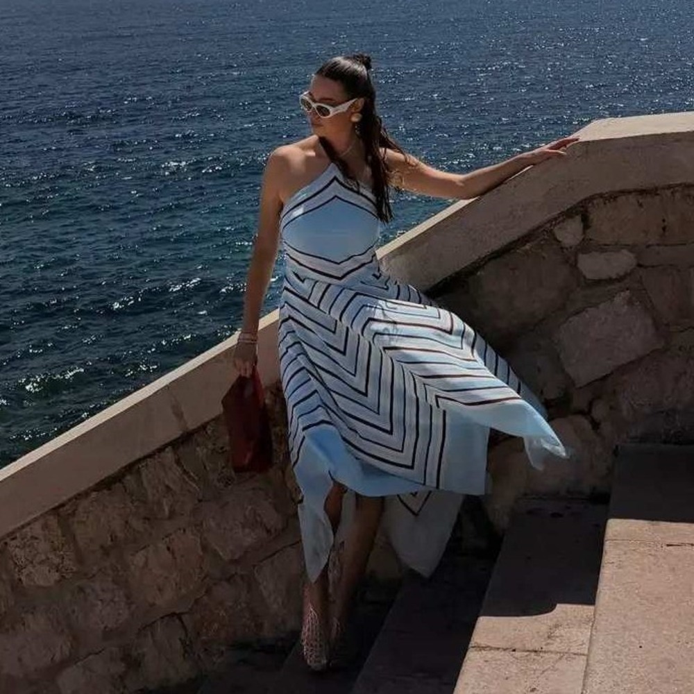 SIMKHAI Hera Halter Midi Dress Blue Chevron Striped Silk Blend Handkerchief Sz M - Picture 6 of 16
